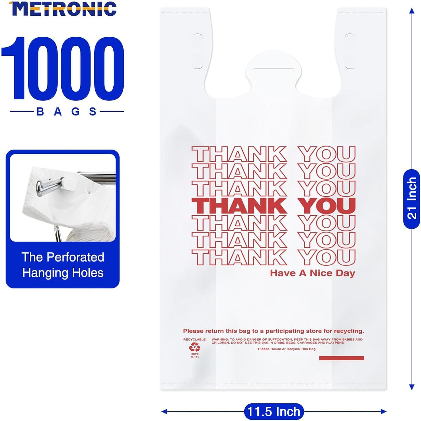 METRONIC 1000 Count White Thank You Bags with Handles, 11.5" x 6.5" x 21" Plastic Carry Bags for Retail, Supermarket, Grocery Shopping Bag for T-shirt Packaging, Takeout, Convenience Stores, in Bulk