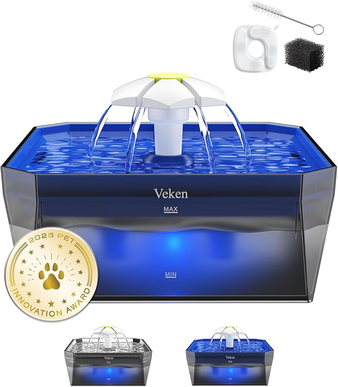 Veken Award-Winning Small Pet-Friendly Cat Water Fountain with Quiet Pump, Easy to Clean & Assemble, 50oz Mini Pet Water D...
