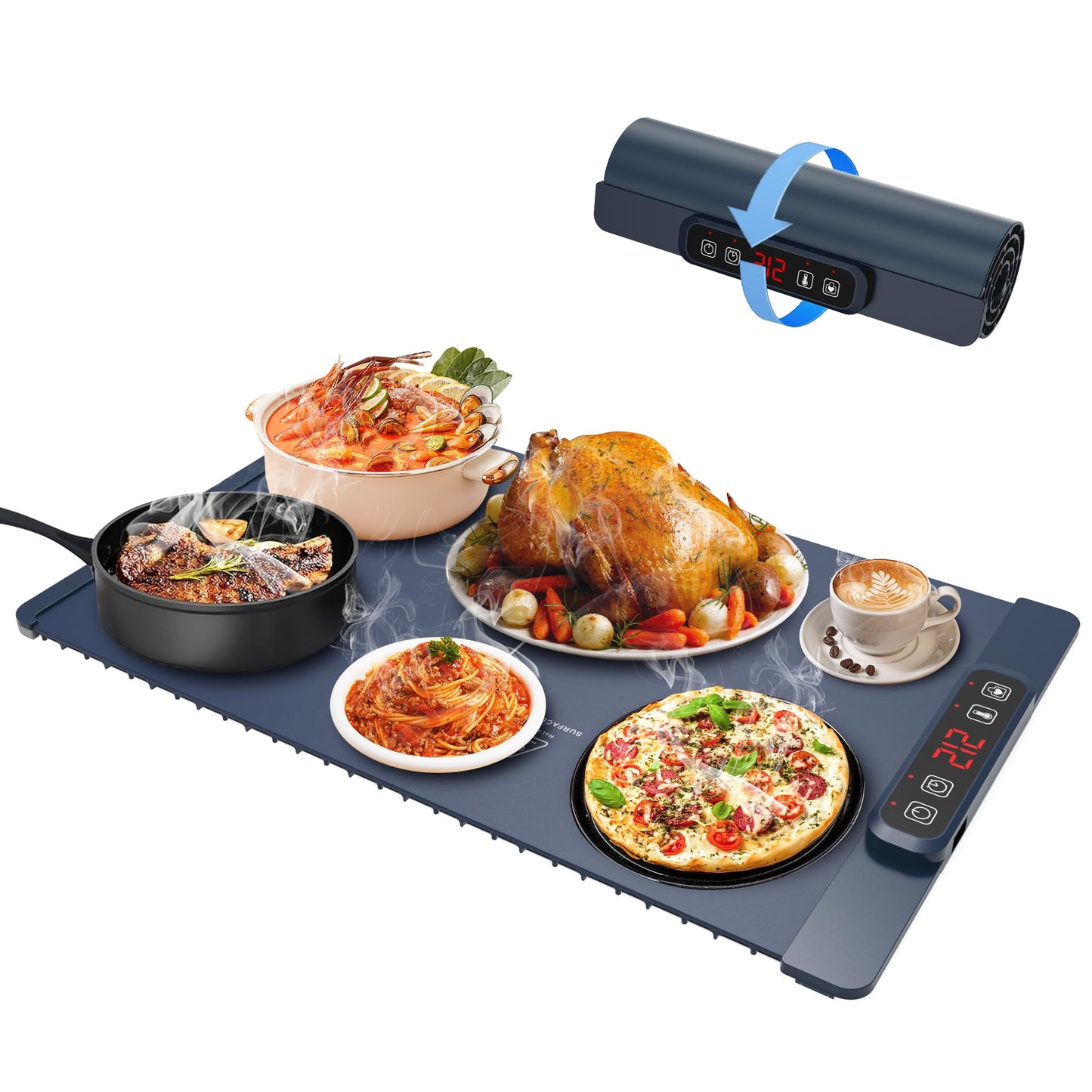 Warming Mat for Food, Food Warming Mat, 10-Second Rapid Heating Silicone Electric Tray, 5 Temperature Settings and 1-4 Hour Adjustable Timer, Foldable Portable Food Warmer, for Gatherings and Parties