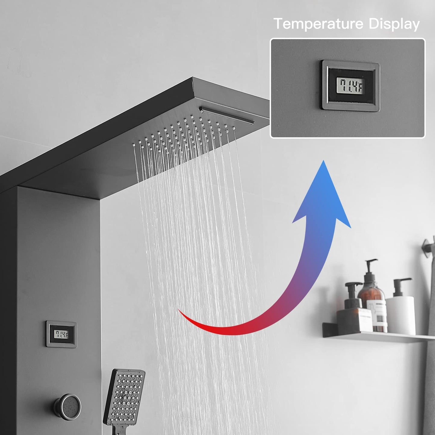BWE Shower Panel Rainfall Waterfall with Handheld Shower Matte Black 6 IN 1 Stainless Steel Shower Tower Panel System Massage Body Jets with Tub Spout Water Temperature Display Wall Mount