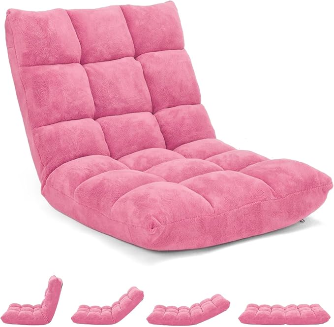 MAT EXPERT 14-Position Floor Chair, Floor Gaming Chair w/Soft Coral Fleece, Alloy Steel Frame, Padded Lazy Couch Recliner, Floor Chair with Back Support for Reading, Meditating, Playing Game (Pink)