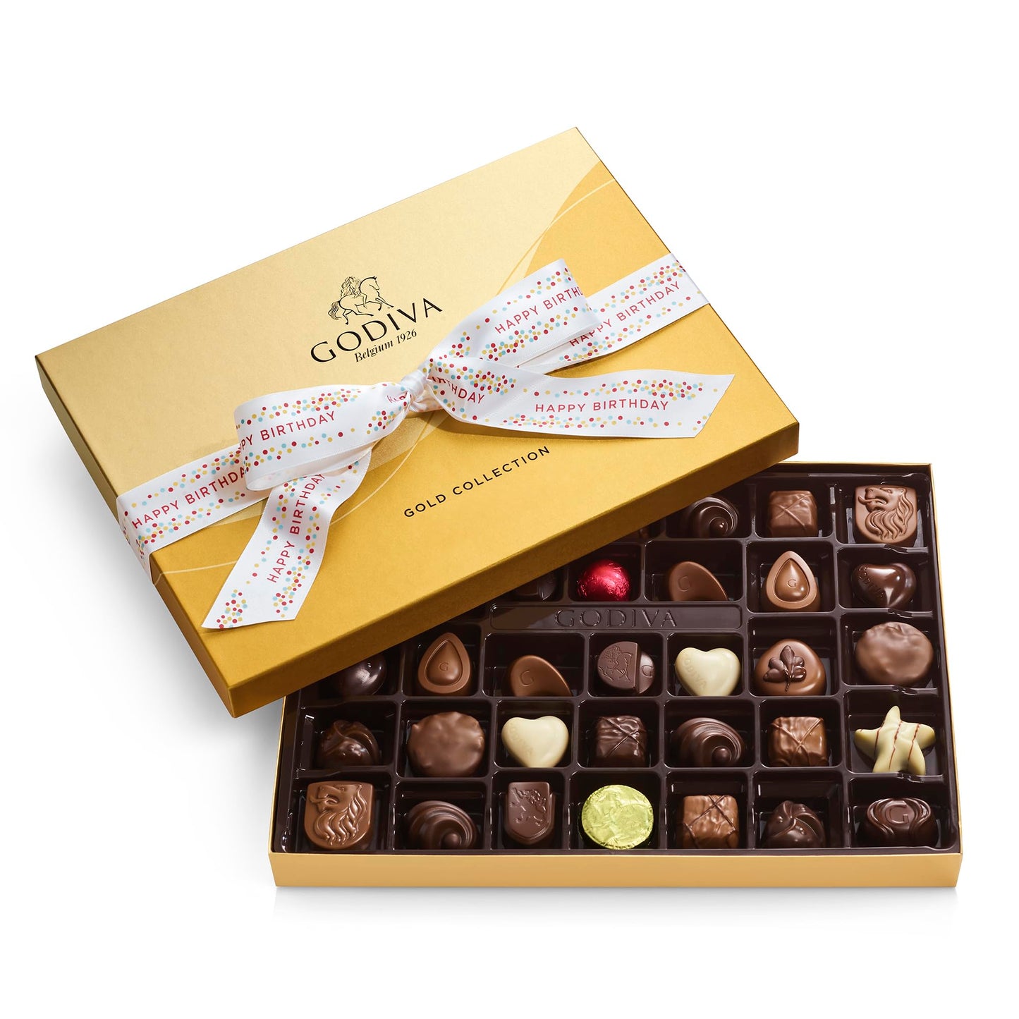 Godiva Chocolatier Birthday Ribbon 36-Piece Assorted Chocolate Gift Box – Gourmet Chocolate Candy Variety Pack – Dark Caramel, Milk Chocolate, Nuts– Gift Basket for Birthday and Anniversary