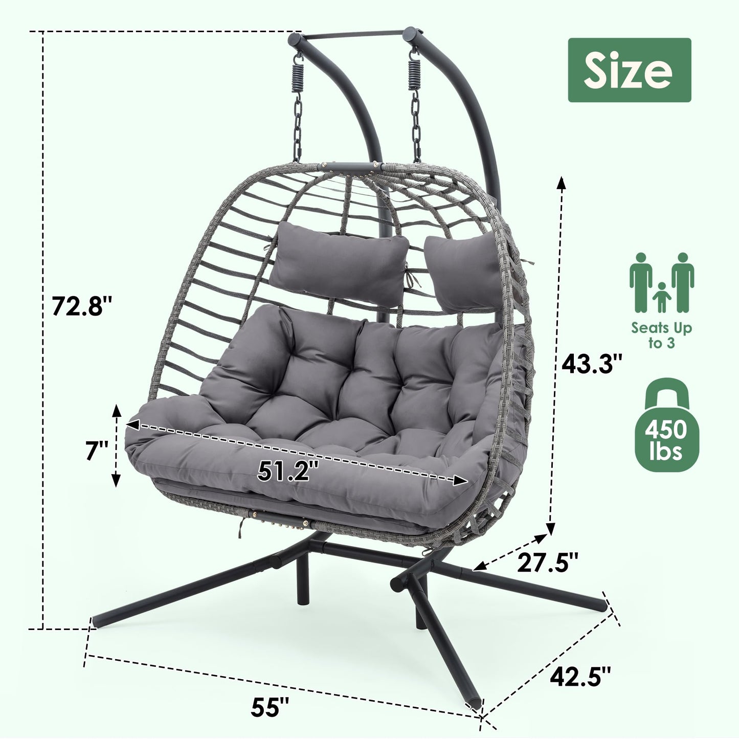 Double Egg Swing Chair with Stand for Outdoor, Patio Hand Made Rattan Wicker 2 Double Hanging Egg Chairs Hammock Chair with UV Resistant Cushion and Metal Frame, Porch Swing Loveseat for Backyard