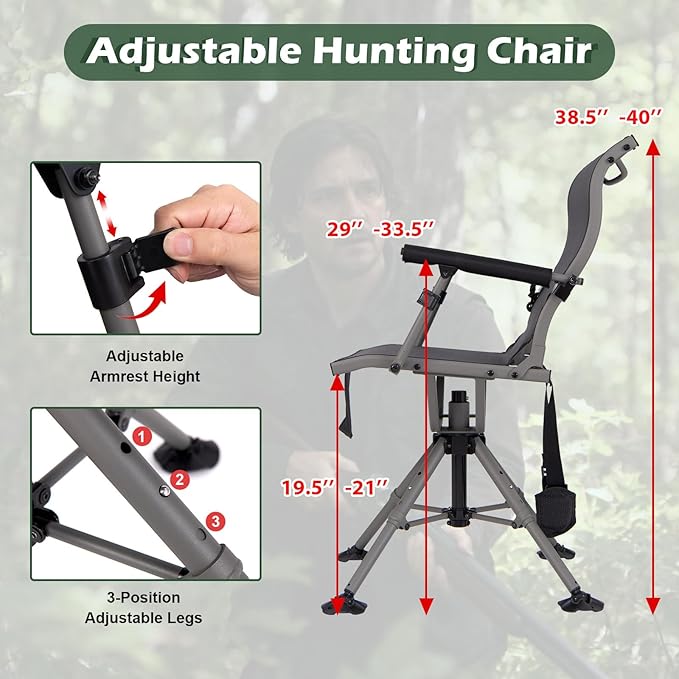 GYMAX Hunting Chair with Gun Rest, 360° Swivel Hunting Blind Chair w/Adjustable Height & Armrest, All-Terrain Duck Feet, Shoulder Strap, 330 LBS Folding Outdoor Ground Blind Seat