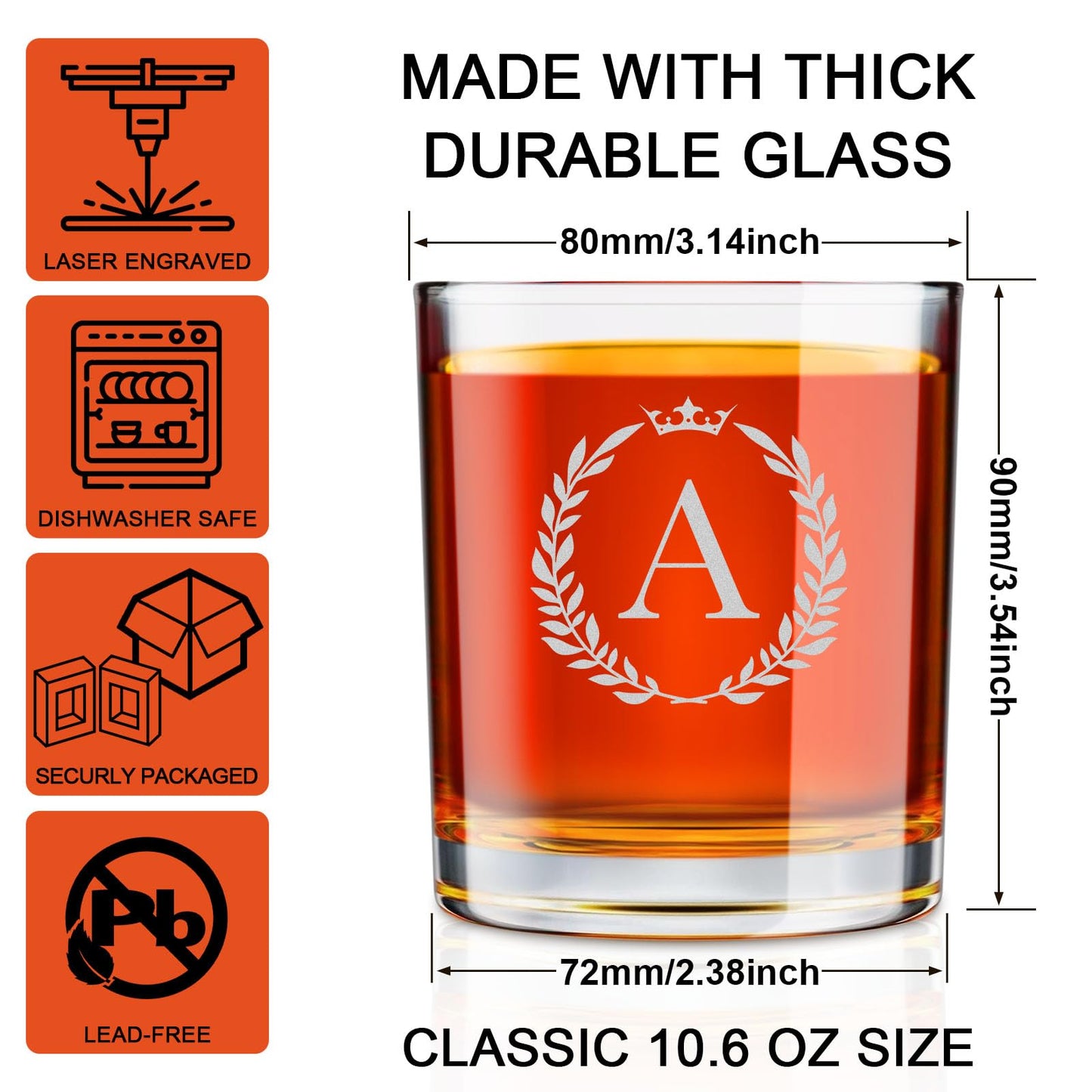 Personalized Whiskey Glasses Gifts for Men, Monogrammed Engraved A-Z 10.6 oz Rocks Glass Customized Gift, Unique Christmas Birthday Gifts for Men Him Dad Husband Brother Son (A)