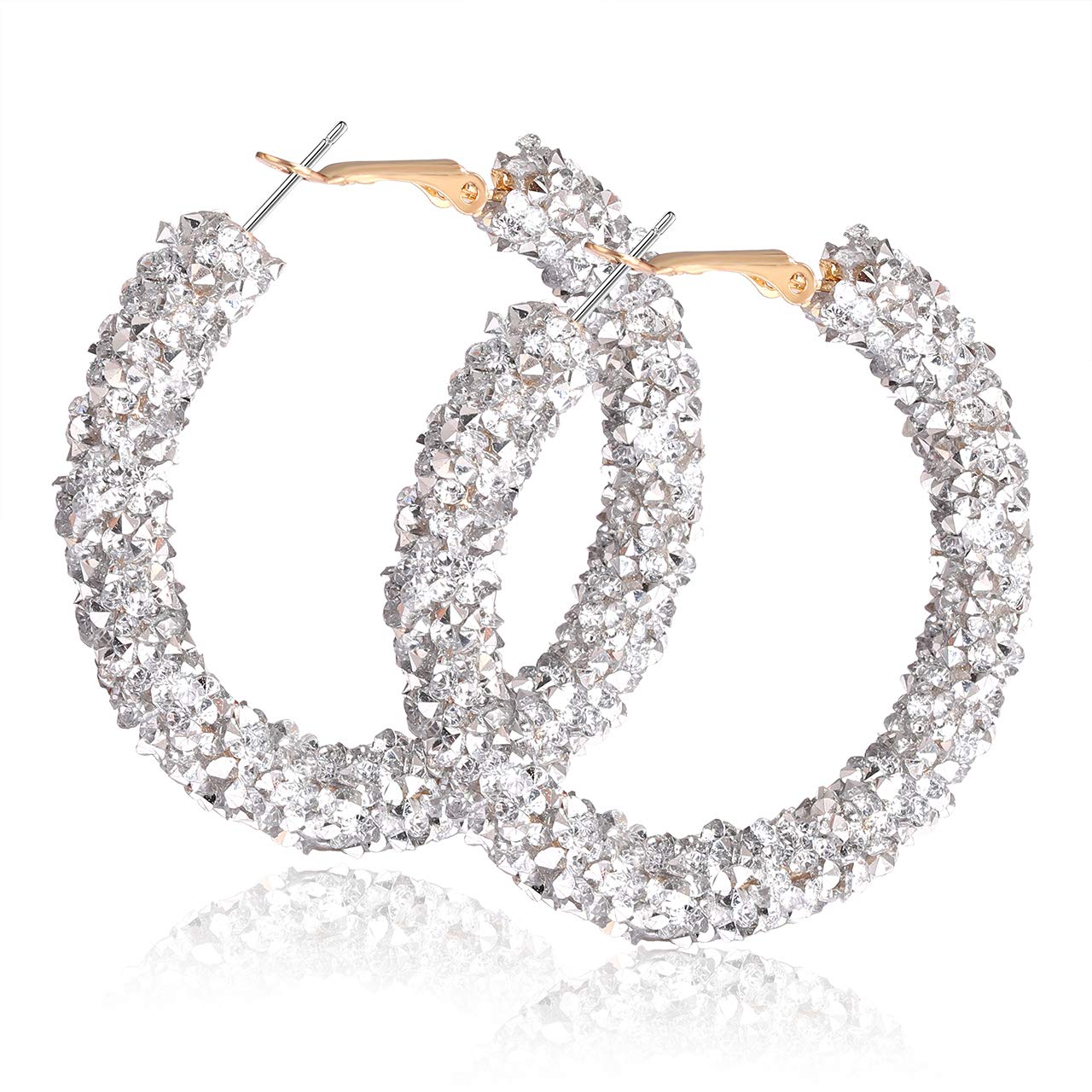 NLCAC Glitter Hoop Earrings Bohemian Sparkle Resin Rhinestone Wrapped Hoop Dangle Earrings for Women(C-silver)