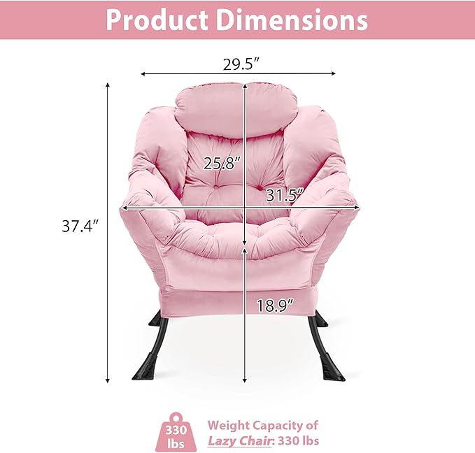 Youtanic Lazy Chair Thick Padded, Comfy Velvet Accent Lounge Chair with Stable Frame, Leisure Sofa Armchair with Armrests and Side Pocket, Reading Chair for Bedroom, Living Room, Office, Pink