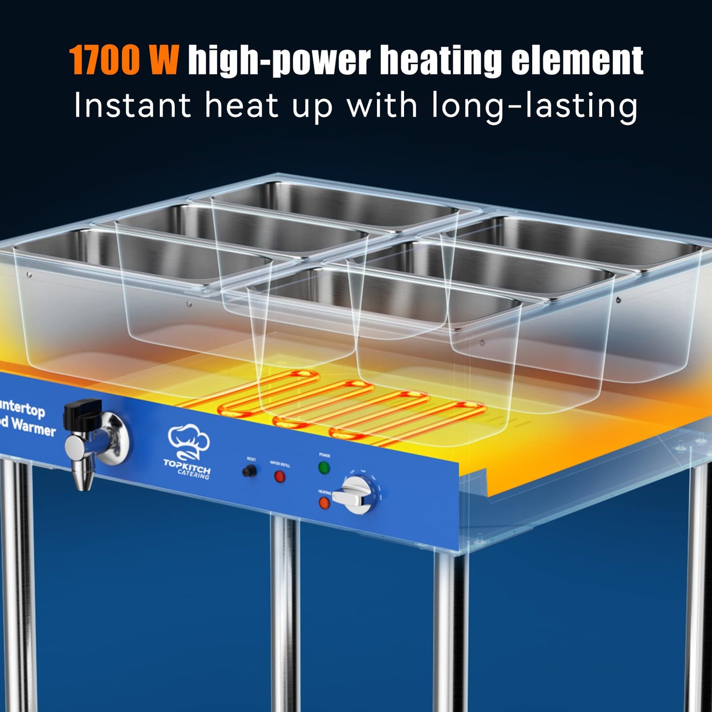 TOPKITCH 6-Pan Commercial Food Warmer, Electric Steam Table, 120V 1700W Stainless Steel Buffet Catering Food Warmer with Undershelf and Workspace, for Restaurant.