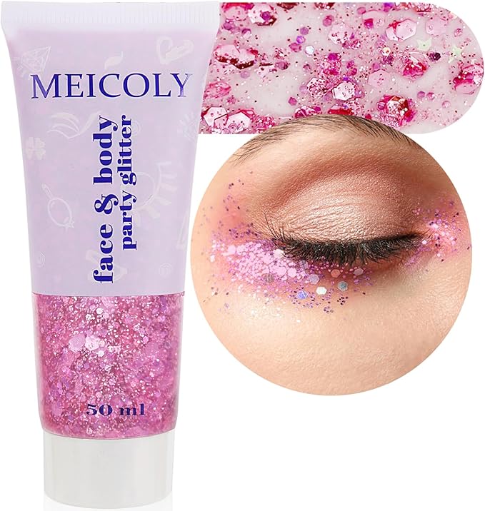 MEICOLY Pink Face Body Glitter,Holographic Sparkly Hair Glitter,Pink Accessories for Spirit Week,Singer Concerts Lover Hea...