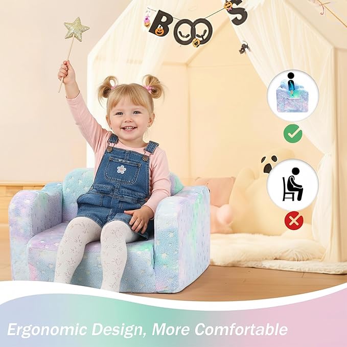 MeMoreCool Folding Toddler Chair, Soft Plush Fold Out Kids Couch Sofa Glow in The Dark, Comfy Baby Recliner for Girls Boys (Blue Galaxy)