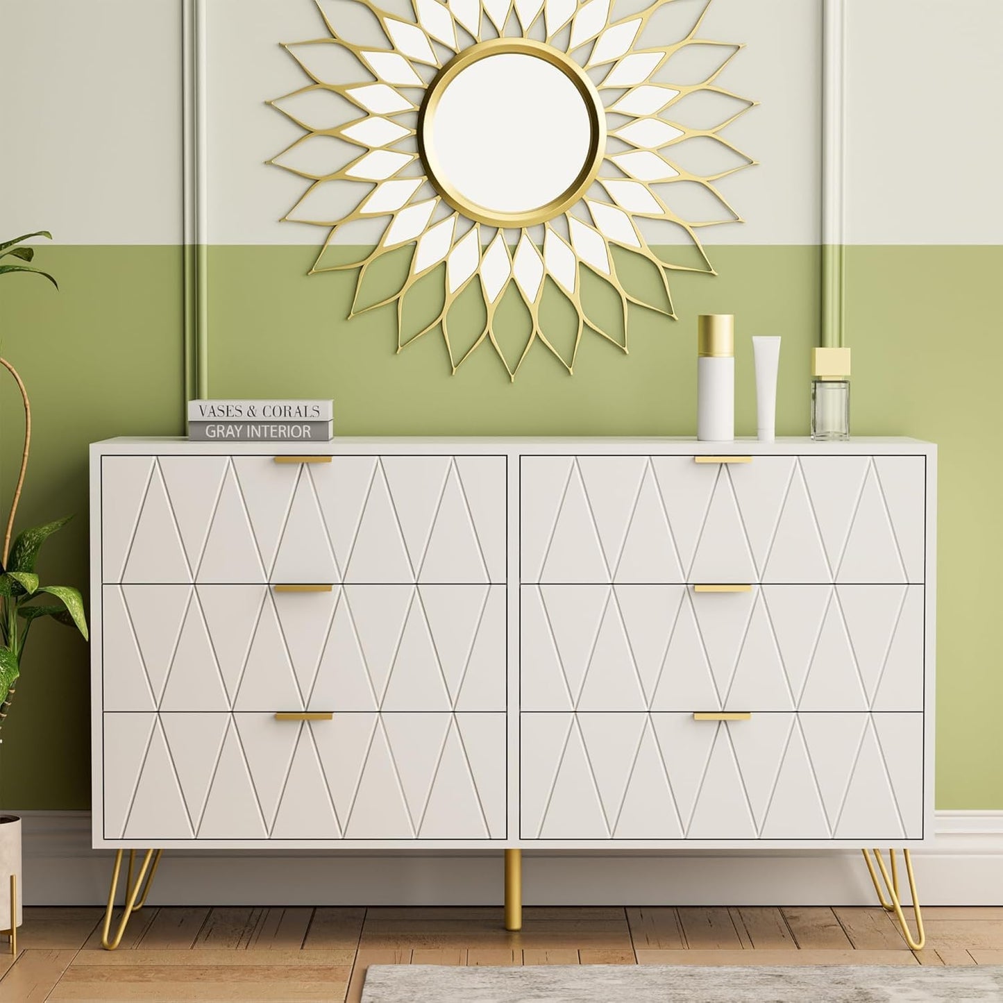 Anbuy Bedroom Sets White Sets 3 Piece, Night Stand Sets and Large 6 Drawer Dresser for Bedroom, Two Drawers Nightstand Set of 2 & 6 Drawer Dresser Combo 3 Pieces (White)
