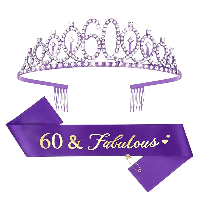 CIEHER 60th Birthday Crown and Sash - Purple 60th Decorations Women's 60 & Fabulous Sash
