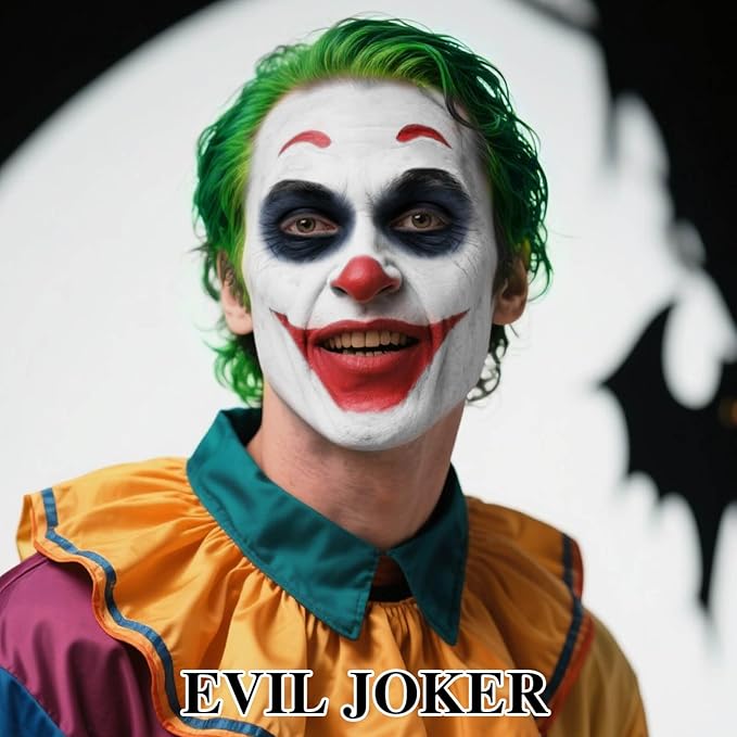 Halloween Joker Clown Makeup Kit,Red White Blue Black Face Body Paint+Lime Green Temporary Hair Wax+4 pcs sponge,Water-Based Face Painting for Clown Skull Devil Cosplay Costume SFX Makeup Set