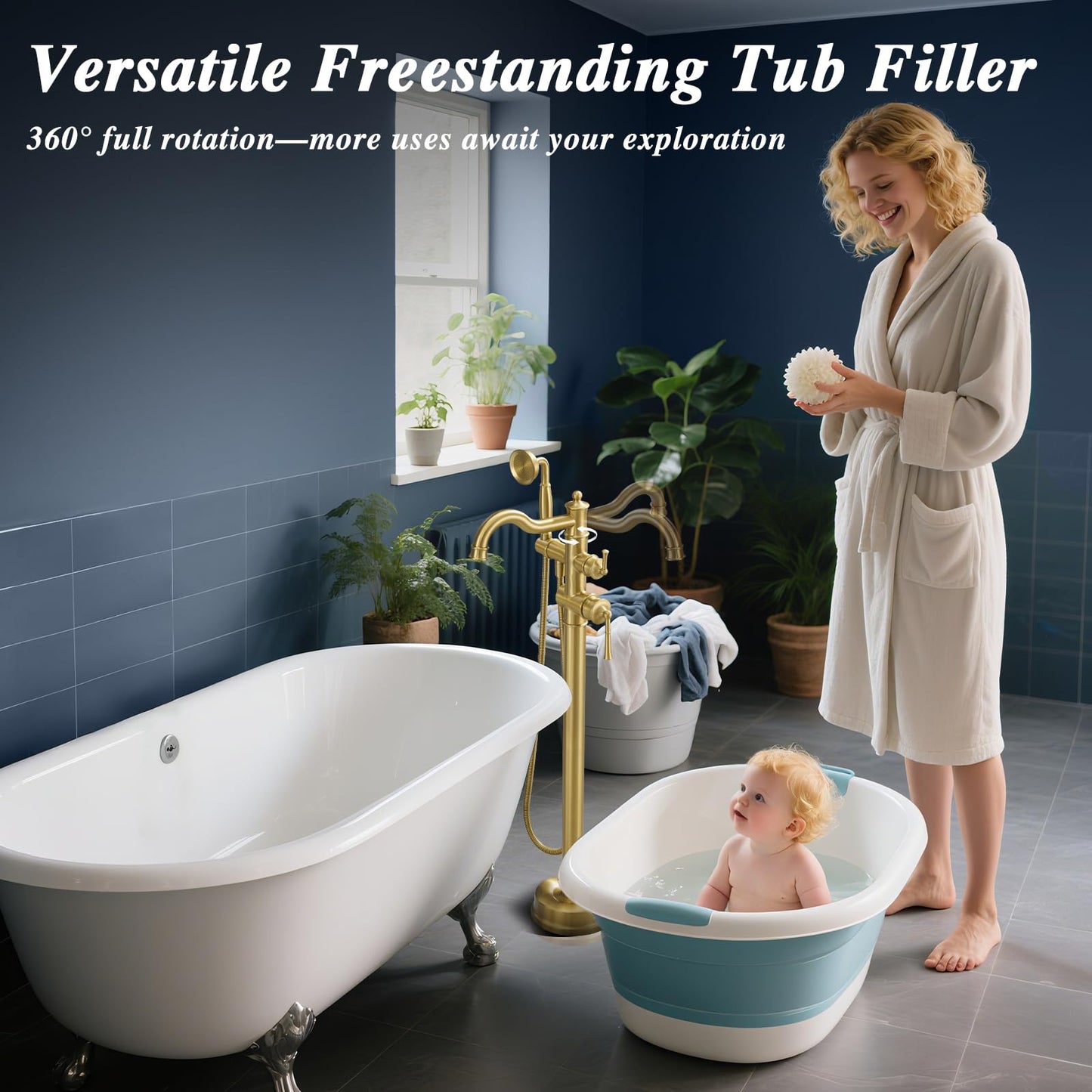 Free Standing Tub Faucet, Qinkell Classic Elegant Gooseneck Freestanding Bathtub Faucet with Sprayer Brass Luxury Floor Mount Bath Faucets High Flow Roman Tub Filler, Brushed Gold (QC-202511BG)