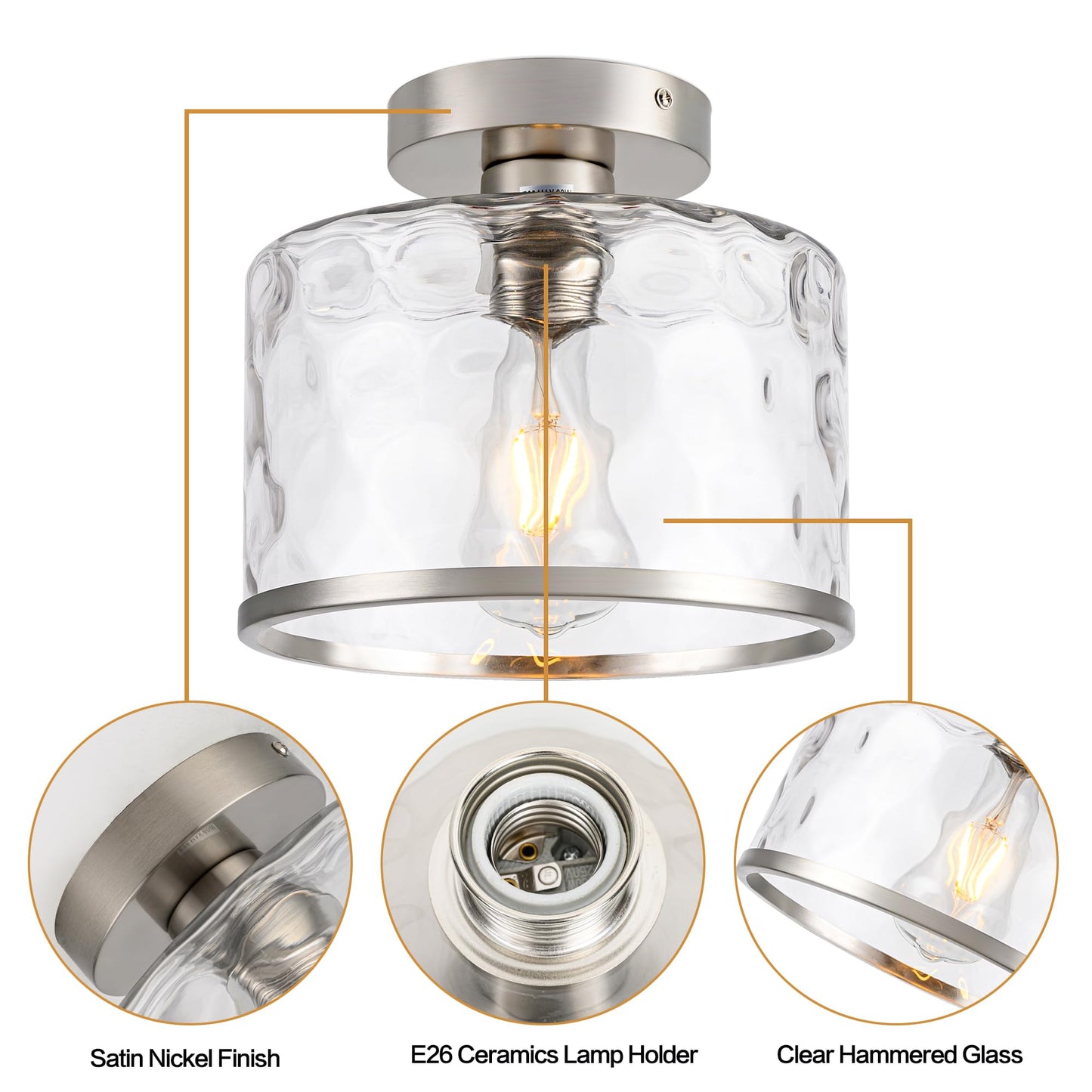 Zlepmlla Modern Semi Flush Mount Ceiling Light with Industrial Clear Hammered Glass Lampshade, Farmhouse Ceiling Lights fixtures in Satin Nickel for Hallway Kitchen Bathroom Bedroom