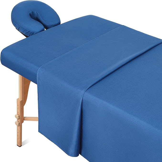 Comfyanno Massage Table Sheets Sets, 3 Pcs Professional Microfiber Massage Bed Cover Sheets, Soft, Light-Weight, Stain & Wrinkle Resistant, Includes Flat & Fitted Sheet, Face Cradle Cover - Dark Blue