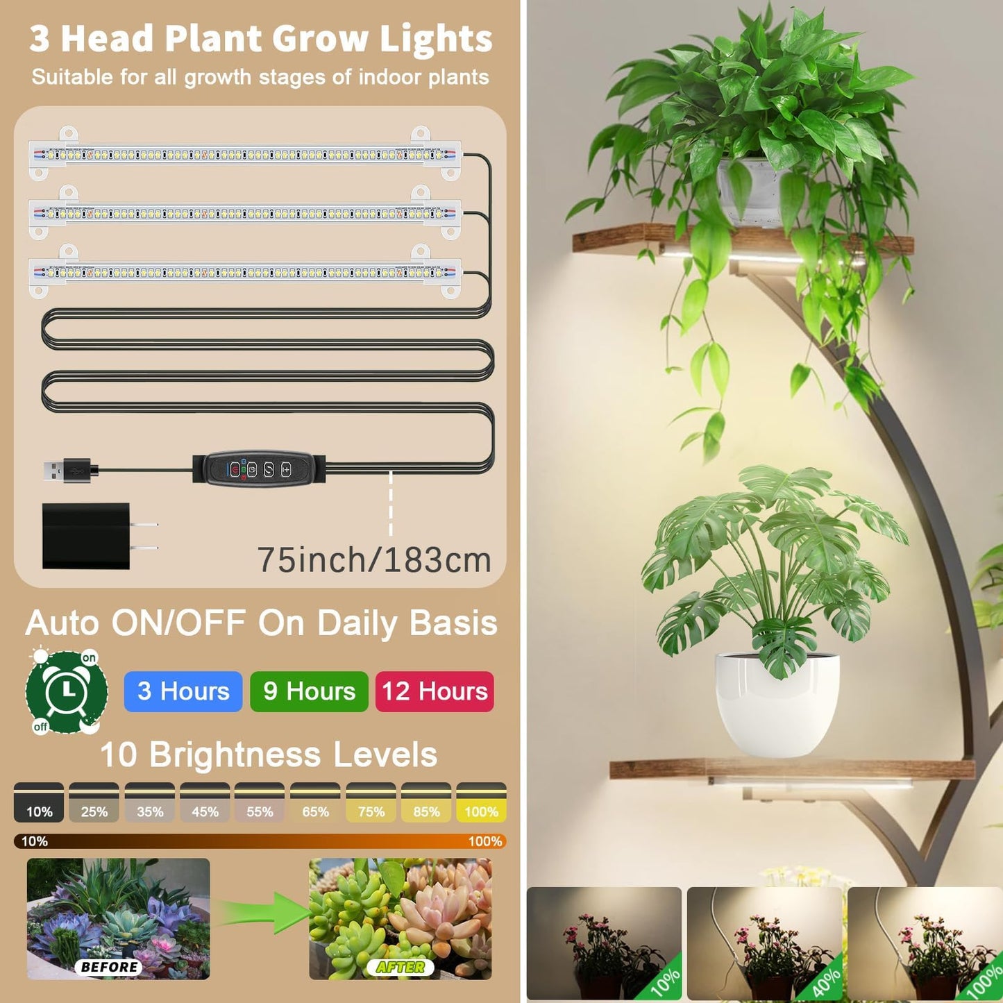 Indoor Plant Stand with Grow Lights ，Stylish S-Shaped Metal Rack for Multiple Indoor Holder Plants ，8-Tiered 62" Tall Plant Shelf for Home and Patio ，Perfect for Plant Lovers (Black-With roller)