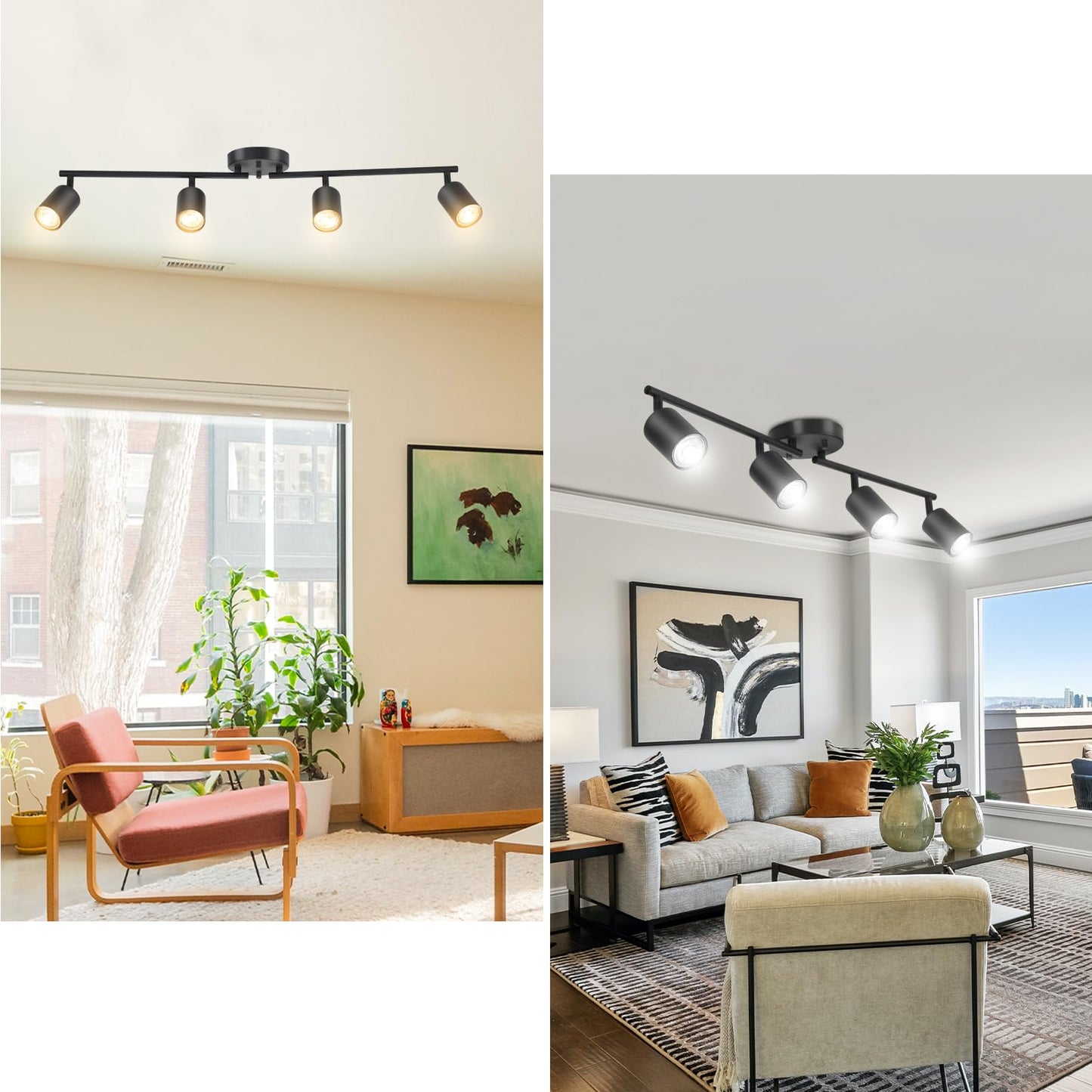 BoostArea LED 4 Light Track Lighting Kit, Black 4 Way Ceiling Spot Lighting, Flexibly Rotatable Light Head for Kitchen, Living Room, Bedroom, Bulb Not Included