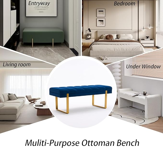 AIITTCC Velvet Ottoman Bedroom Bench, 46.5" Tufted Padded End of Bed Bench with Gold Legs, Upholstered Shoe Bench for Living Room Entryway Window (Navy Blue, 46" Wide)