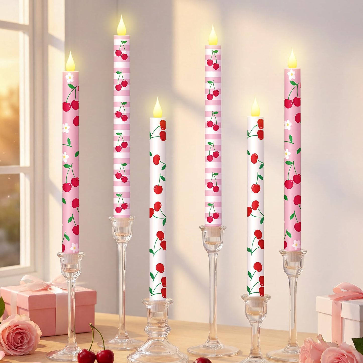 Honoson 6 Pcs Galentines Day Decorations Candles Cherry Flameless Taper Candles 10.6 Inch Battery Operated LED Candlesticks for Ladies Women Friend Sister Galentines Day Party Favors Gifts Home Decor