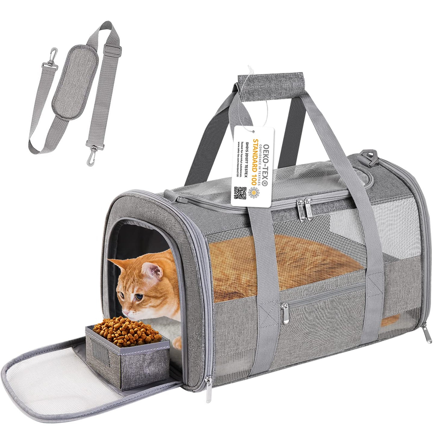 CUSSIOU Soft Sided Cat Carrier for Small Cats Puppies up to 15 Lbs, Airline Approved Pet Carrier Collapsible Travel Puppy Carrier with Reflective Strip, Grey