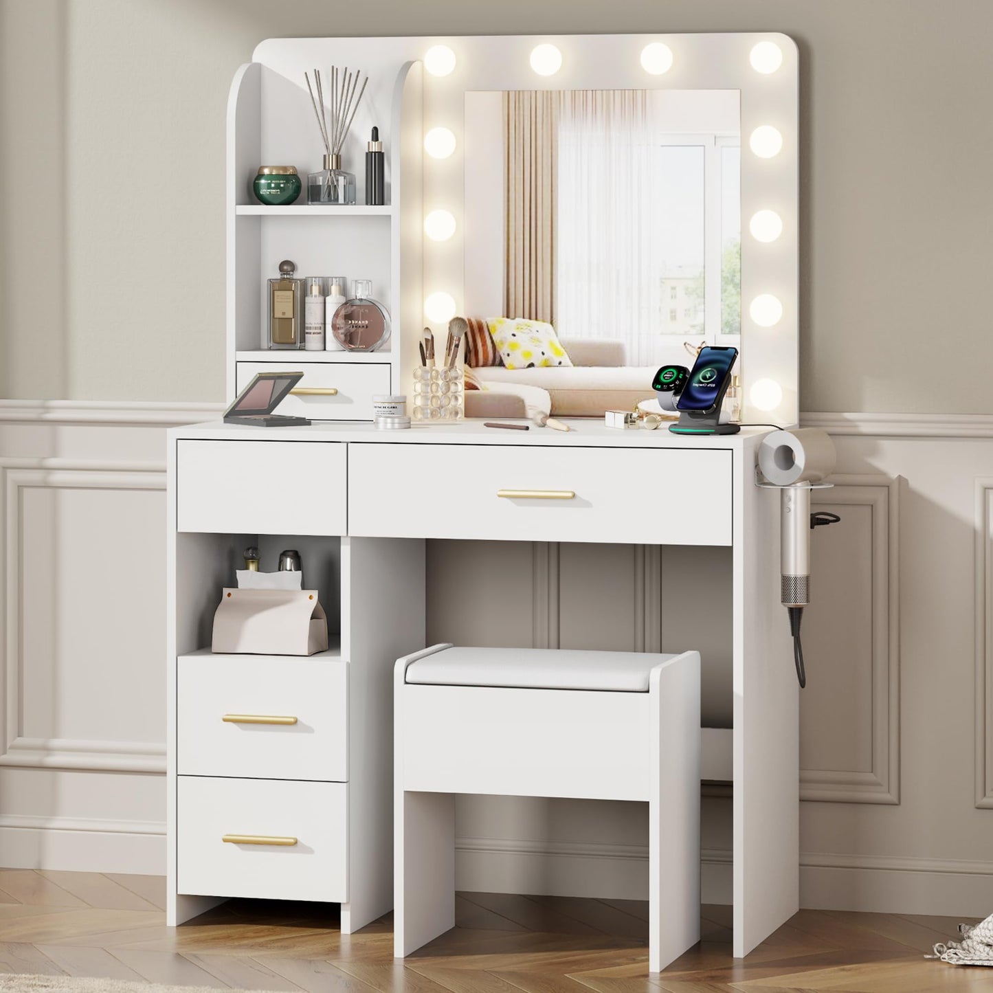 Furnivado Vanity Desk with Mirror and Lights, 3 Adjustable Lighting Makeup Vanity Desk with 3 Storage Shelves, 5 Large Drawers and Power Outlet, Vanity with Chair for Bedroom, White
