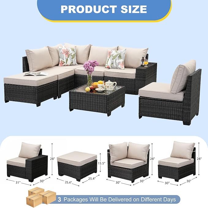 SunloungeCo 7 Pieces Outdoor Patio Furniture Set, Wicker Conversation Sets with Tea Table, Rattan Patio Sofa with Thick Cushions for Garden, Backyard Porch, Poolside,Beige