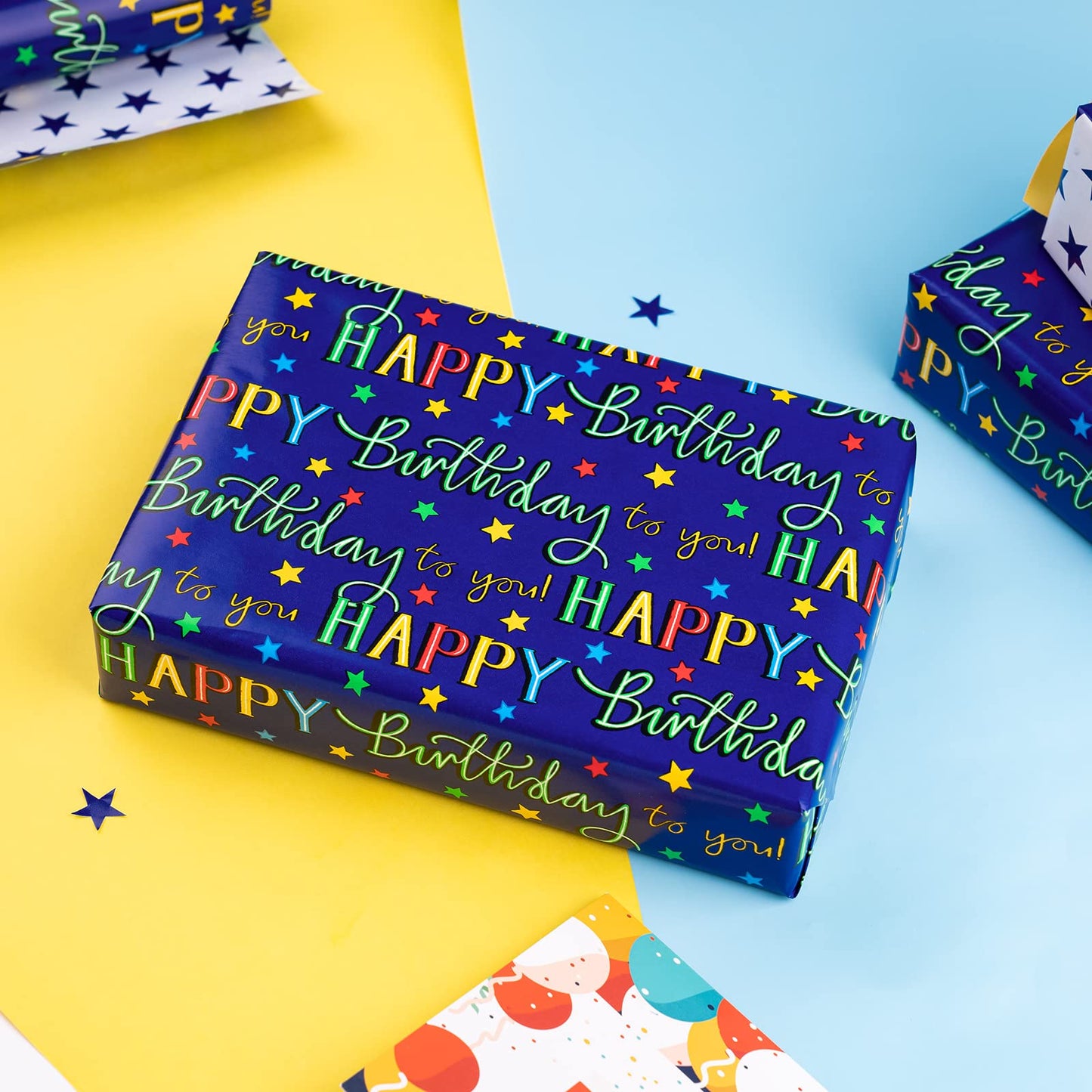 WRAPAHOLIC Jumbo Reversible Birthday Wrapping Paper - 30 Inch x 33 Feet - Colorful Happy Birthday Lettering and Stars Design for Birthday Party, Baby Shower, Holiday