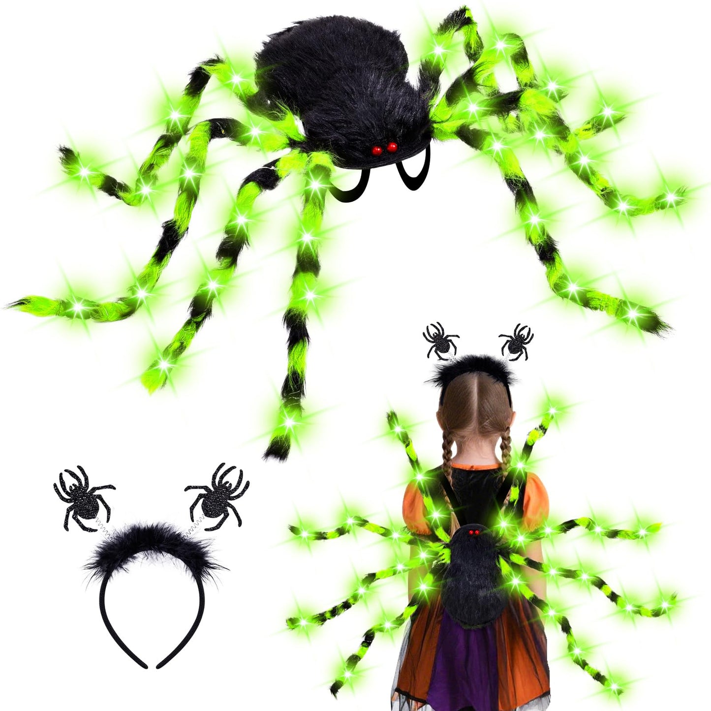 Thuodo Halloween Green Light-Up Spider Costume for Kids & Adults, LED Giant Spider Backpack with Headband, Creepy Spider Outfit with 60 Lights, Halloween Party Trick or Treat Gear– Battery Required