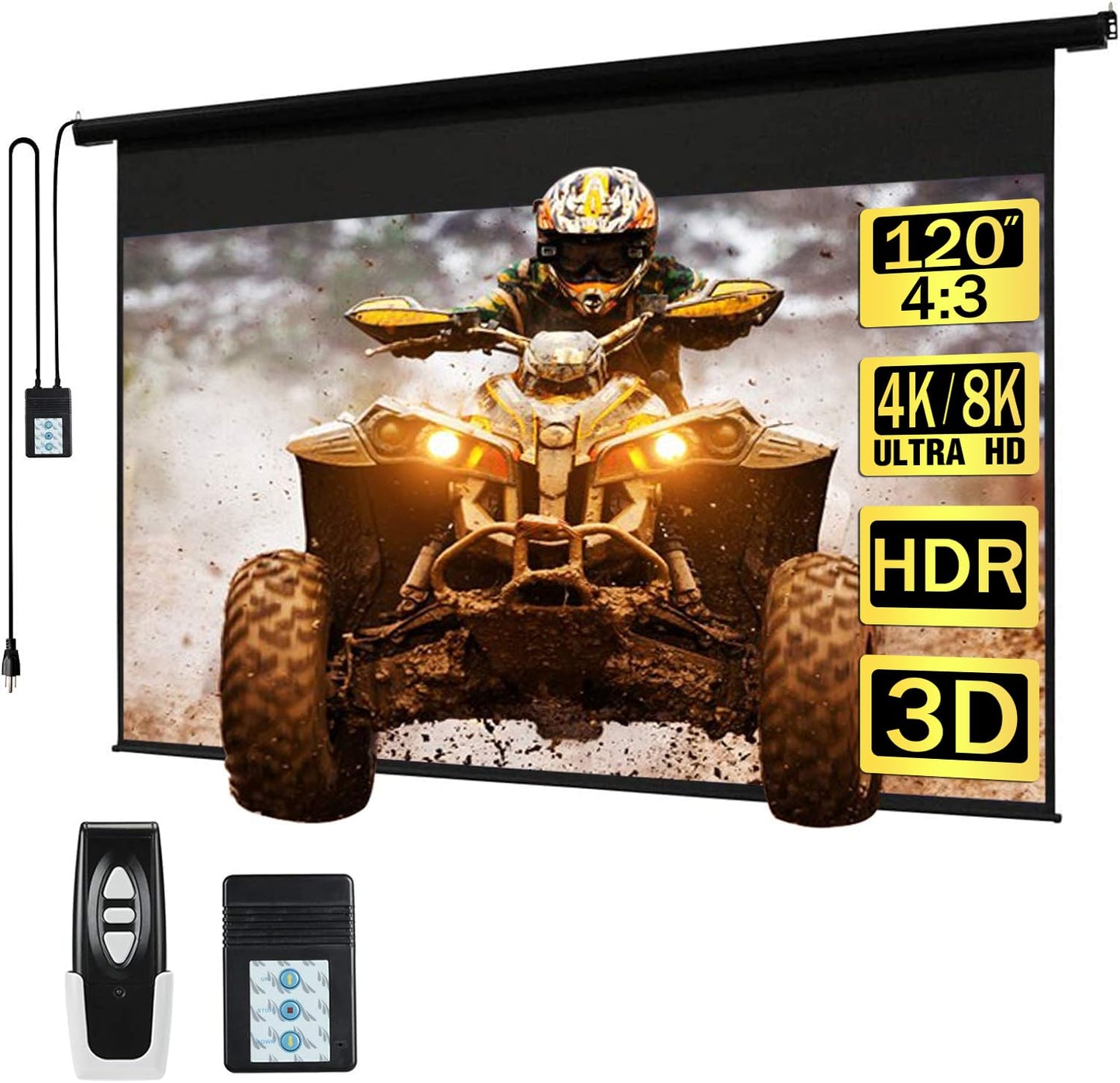 Kayle 120" Motorized Projector Screen Electric Diagonal Automatic Projection 4:3 HD Movies Screen for Home Theater Presentation Education Outdoor Indoor W/Remote Control and Wall/Ceiling Mount (Black)
