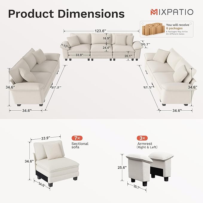 MIXPATIO Cloud Couch Sectional Sofa Set, Plush 24.4-Inch Deep 7-Seat Sectional with Velvety Chenille & Removable Arms for Living Room and Apartment, Beige