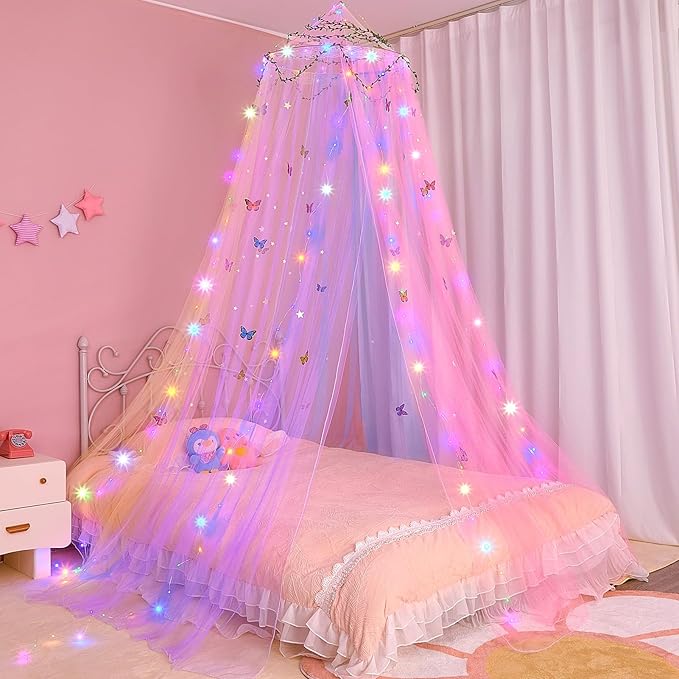FIOBEE Bed Canopy for Girls Room Bed Canopy Curtains with Led Lights Mosquito Net DIY Princess Room Décor with Stars Butte...