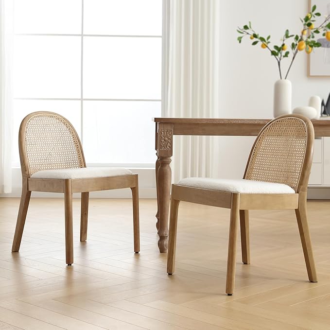 DUOMAY Mid-Century Modern Rattan Dining Chairs Set of 2, Wooden Dining Room Chair with Cane Backrest and Padded Seat, Sherpa Upholstered Dining Chair, Natural Finish, White
