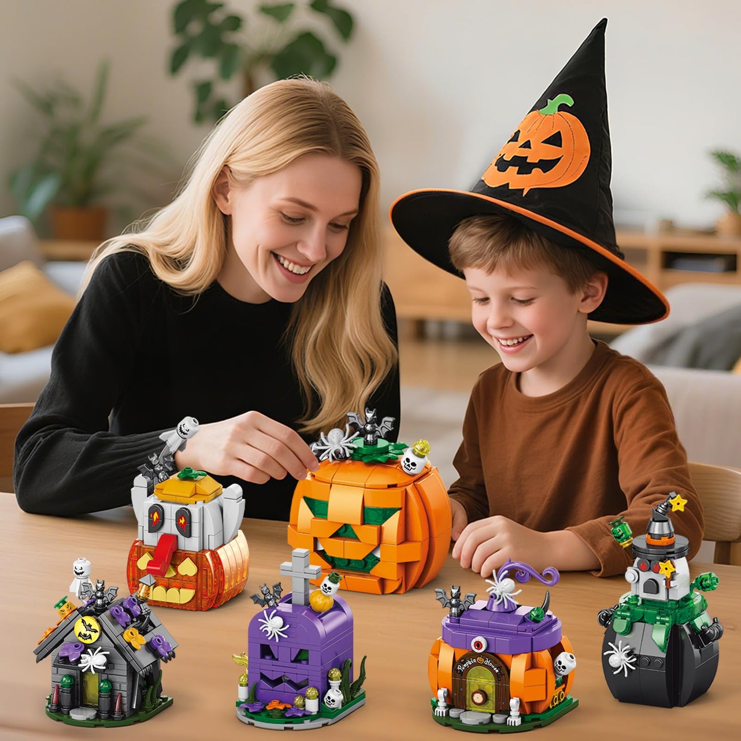 Halloween Building Blocks Set - Haunted House, Pumpkin Carriage, Skull Head, 6 Models Compatible with Lego, Halloween Party Gift for Boys or Girls 6-12 Years Old