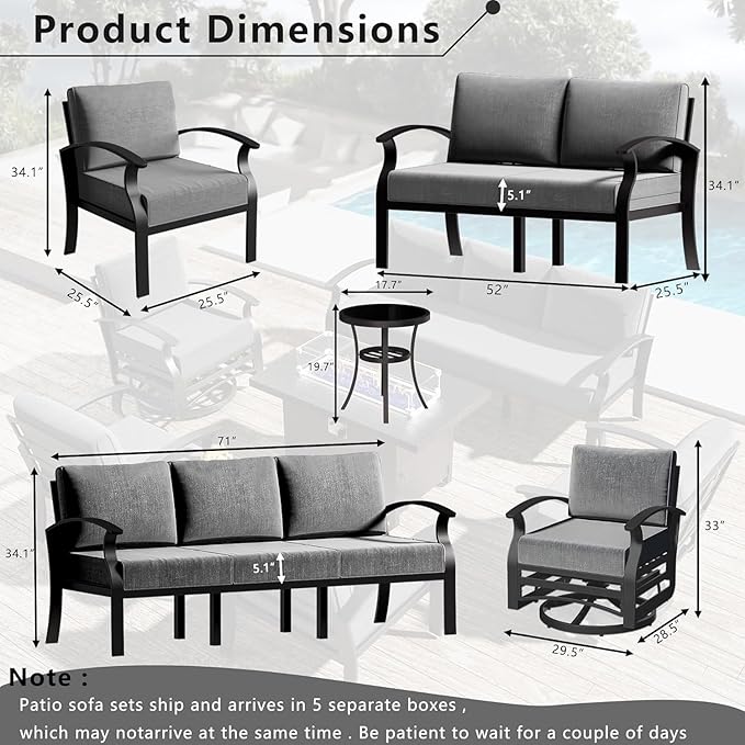 RTDTD Aluminum Outdoor Patio Furniture Set,5 Pieces 7 Seats Patio Conversation Sets with 45" Propane Fire Pit Table,Metal Patio Sectional Furniture Set w/5.1" Cushions for Porch,Deck,Backyard,Grey