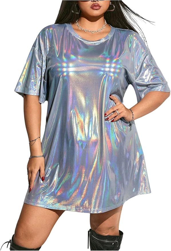 Floerns Women's Plus Size Metallic T Shirt Dress Streetwear Half Sleeve Tunic Short Dresses