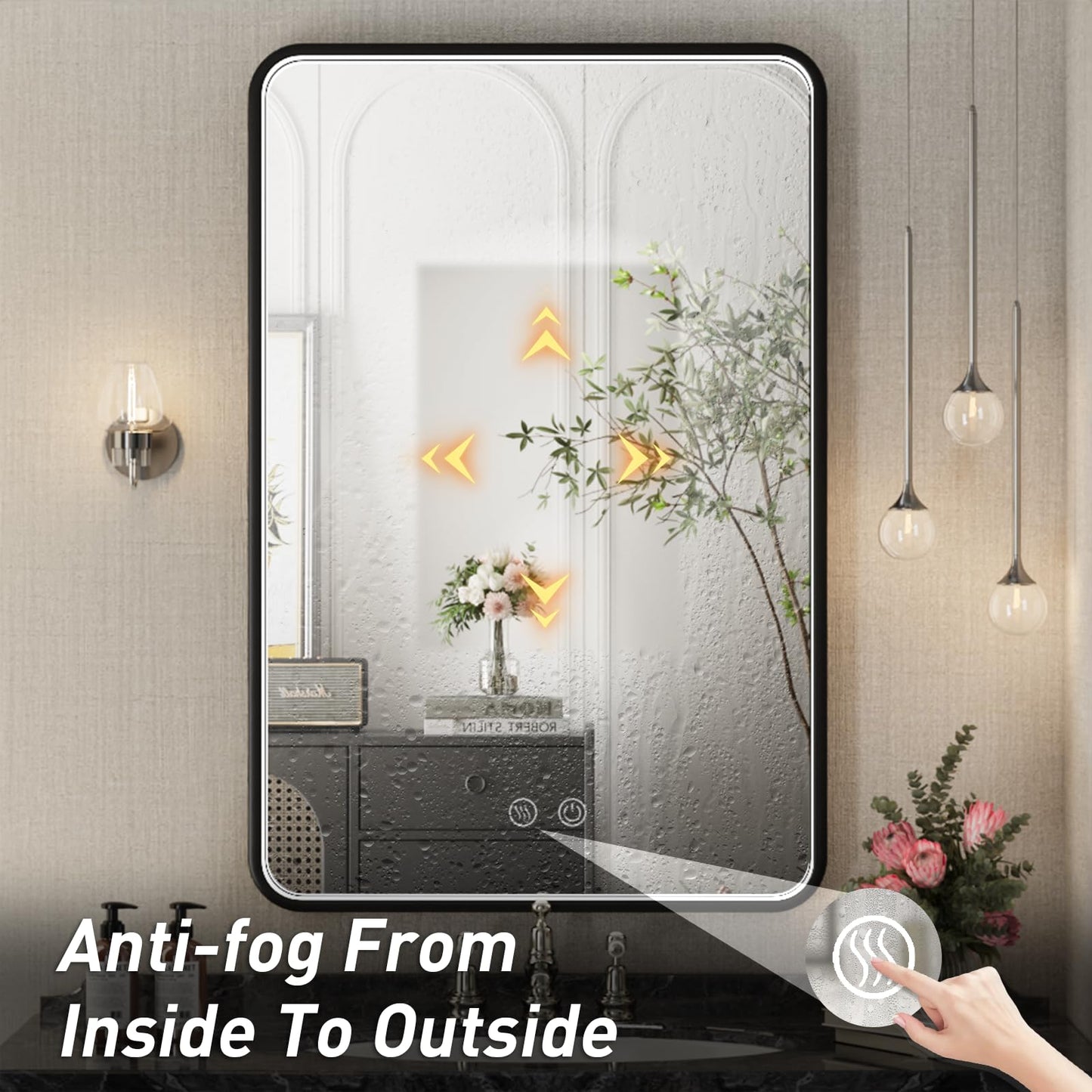 FTOTI 36x24 Inch LED Bathroom Mirror with Lights, Black Metal Frame Mirror, Wall Mounted Lighted Vanity Mirrors for Wall, Anti Fog Dimmable Led Mirror for Makeup