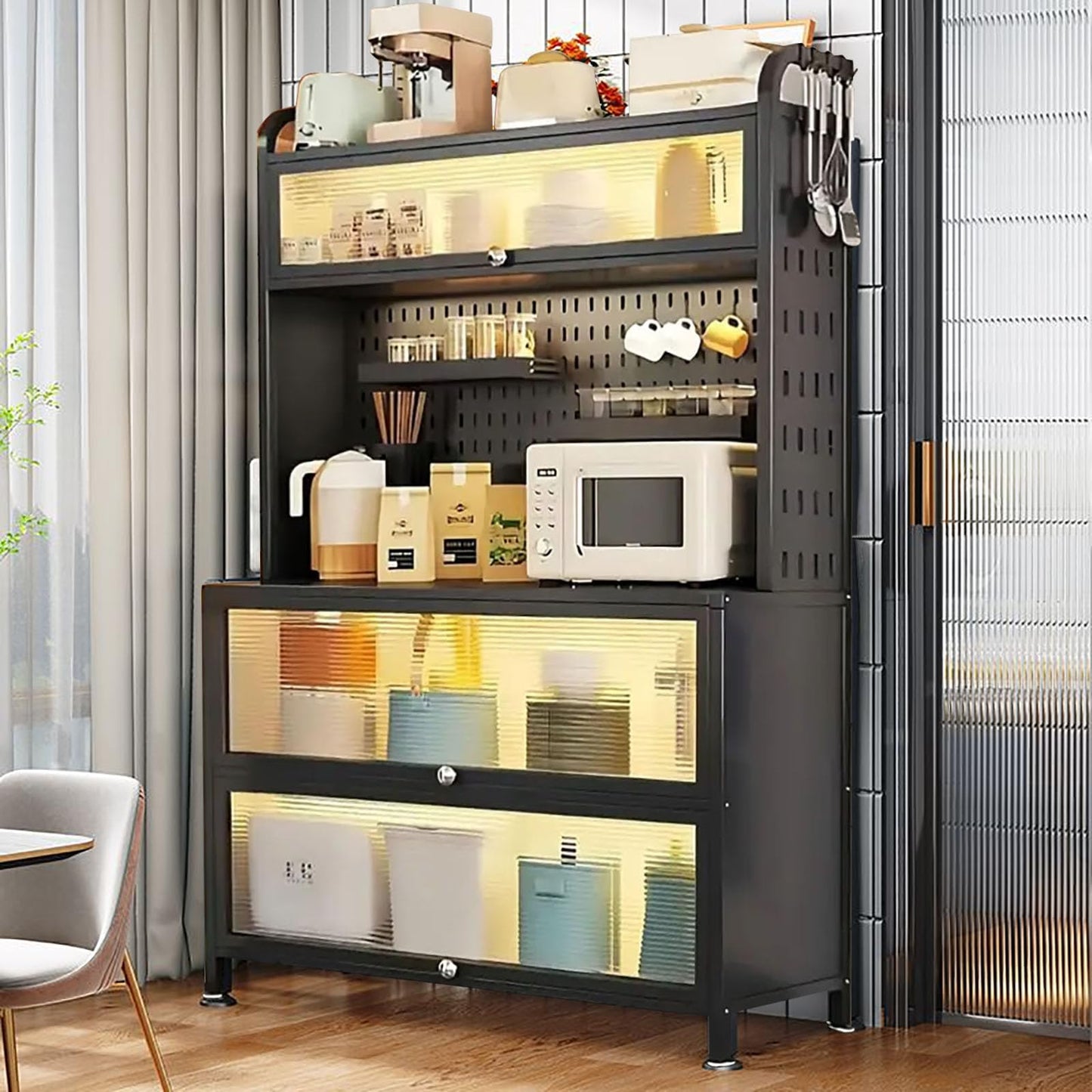 walkclpck Kitchen Cabinet with Acrylic Doors, Bread Rack with Switchable Universal Wheels, 63 Inch Microwave Stand, Farmhouse Coffee Bar Cabinet for Home, Dining Room, Kitchen, Black