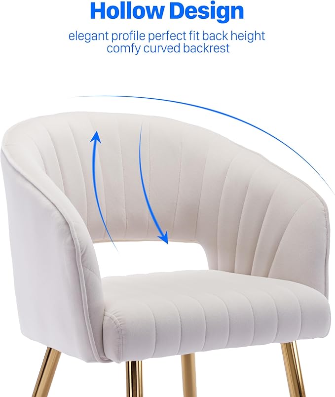 KCC Modern Accent Dining Chairs, Set of 6, Velvet Dining Chairs with Tufted Hollow Back & Gold Metal Legs for Living Room, Dining or Restaurant - Cream