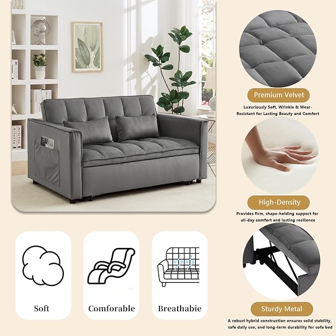 OjvZxqtbrnl Convertible Sofa Bed,3 in 1 Pull Out Couch Adjustable Backrest, Modern Velvet Upholstery Sleeper Sofa Bed, Loveseat Couch for Living Room, Bedroom & Apartments (Grey)