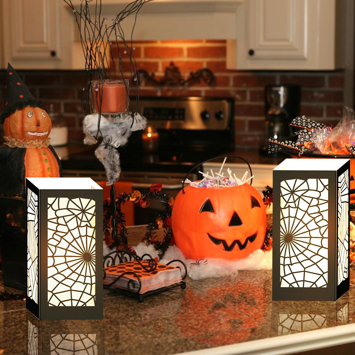 Halloween Party Decoration 4 Pcs Halloween Table Centerpieces Boxes Spider Web Paper Lantern Boxes Halloween Goodie Bag Candy Boxes for Table Decoration Halloween Birthday Party Supplies 5x5x9.5in