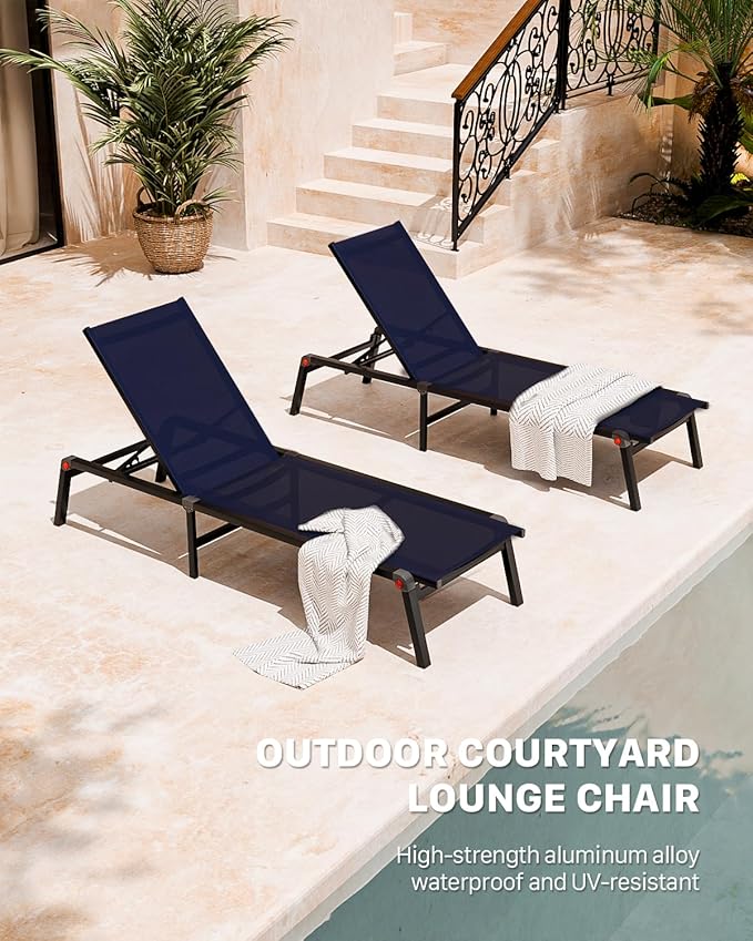 Aluminum Patio Chaise Lounge Chair Set of 2 with Side Table,5-Position Adjustable Backrest,Foldable Lounge Chair Outdoor,Pool Lounge Chairs for Poolside,Lawn,Deck,Beach (Navy Blue, 2 Pack+Table)