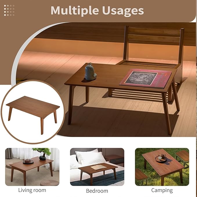 Kuabner Folding Floor Table Low Coffee Table for Sitting On The Floor Japanese Floor Table No Assembly Tatami FoldableTable for Living Room Home Office (Walnut, Small)