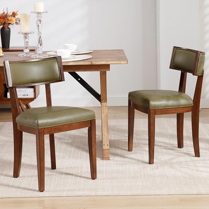 DM Furniture Mid Century Modern Dining Chairs Set of 2 Faux Leather Upholstered Dining Room Chair with Curved Backrest Farmhouse Kitchen Chairs Solid Wood Side Chair for Living Room/Restaurant