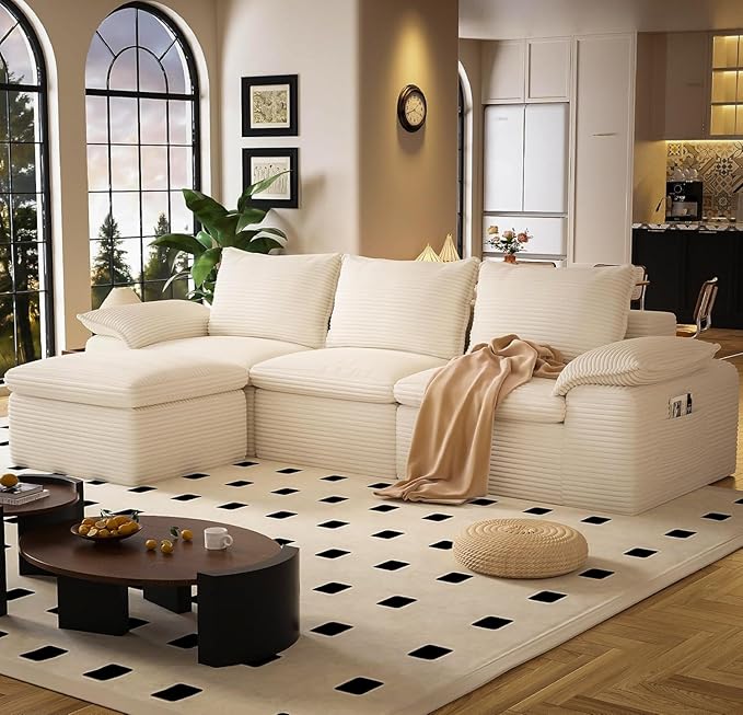Buytime 104" Comfy Cloud Couch, Convertible Boneless Couches for Living Room, L Shaped Modular Sectional Sofa with Deep Seat, Double-Layer Cloud Cushion and Headrest, Cream Beige