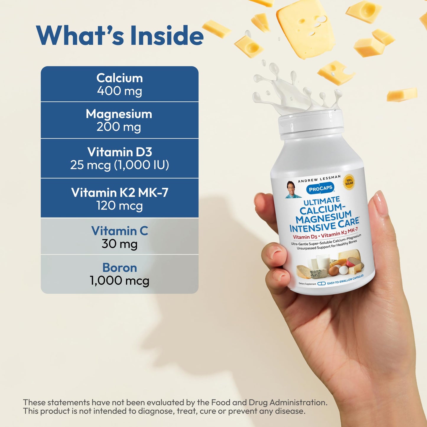 ANDREW LESSMAN Ultimate Calcium-Magnesium Intensive Care with Vitamin D3 & K2 MK7-120 mcg - 60 Capsules – Bone and Skeleton Health Essentials. Gentle, Easy to Swallow, Super Soluble. No Additives