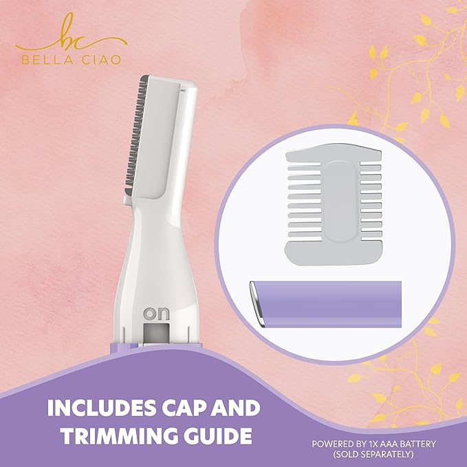 Bella Ciao Eyebrow and Bikini Trimmer for Women, Gentle Electric Facial Hair Removal Device, Battery Operated Precision Hair Trimmer with Dual-Sided Trimming Guide, Protective Cap