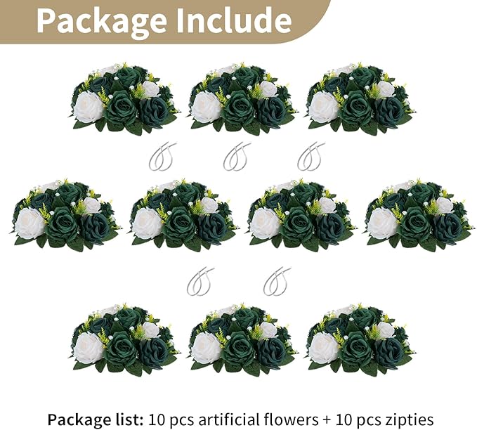NUPTIO Green Flower Ball Centerpieces: 10 Pcs Artificial Rose Arrangements for Wedding Party Tables Decorations - Fake Silk Floral Kissing Balls for Home St Patrick's Day Christmas Event Dining