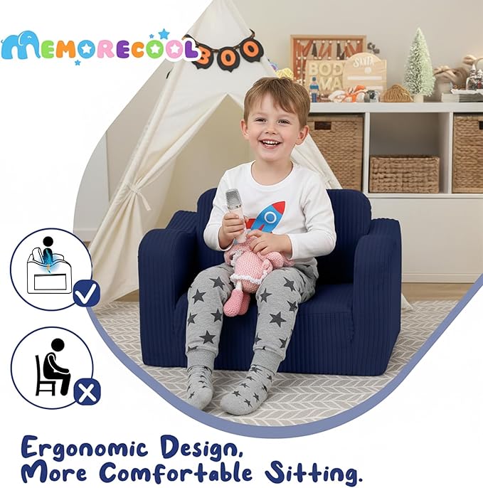 MeMoreCool Toddler Corduroy Chair – 2-in-1 Foldable Sofa Bed, Navy | Ages 1–3, Lightweight & Compact, Washable Cover for Nursery & Travel