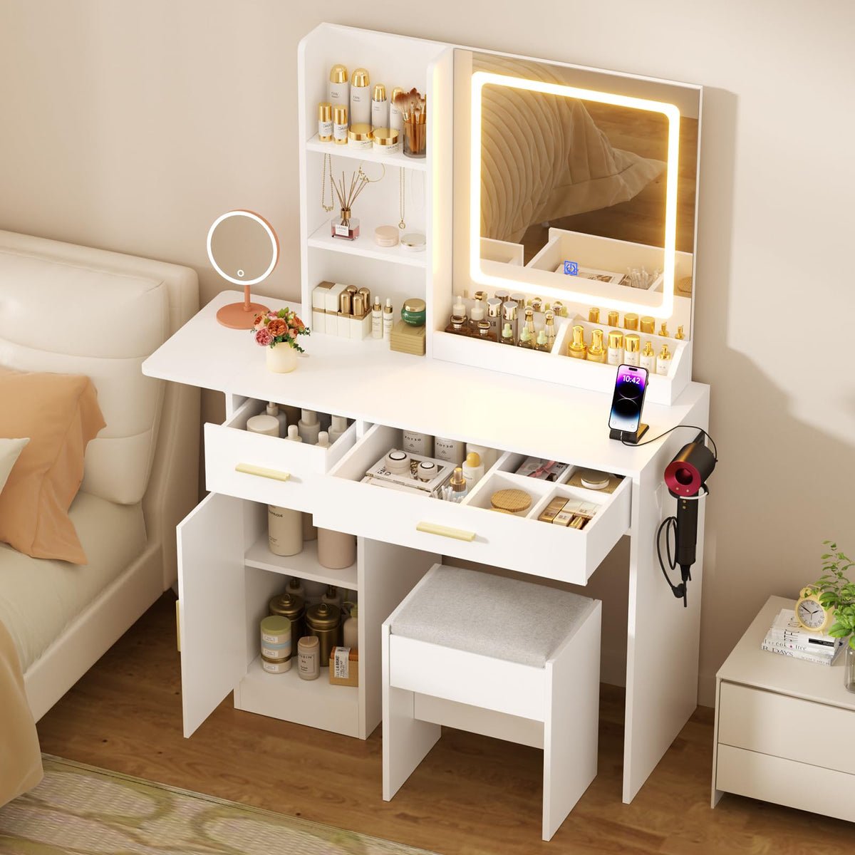 ERLEJIA Vanity Desk with Mirror and Lights & Extral Foldable Desk, 35.43" & 43.3" Makeup Vanity Table with Stool and Plug Outlet, 5 Drawers and Open Shelves Dressing Table for Bedroom, White and Gold